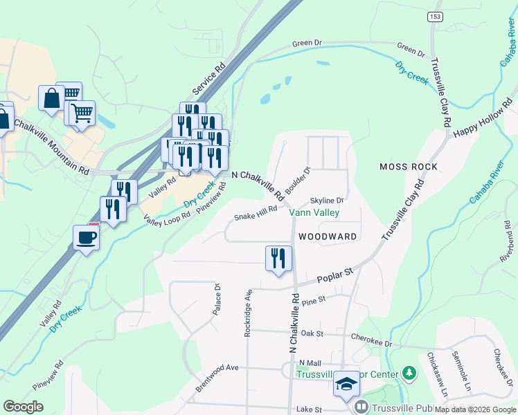 map of restaurants, bars, coffee shops, grocery stores, and more near 224 Snake Hill Road in Trussville
