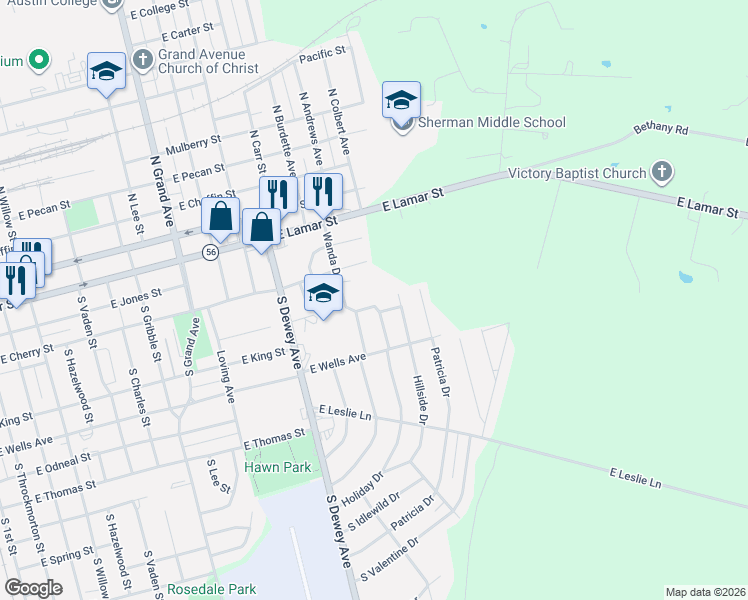 map of restaurants, bars, coffee shops, grocery stores, and more near 524 Hillside Drive in Sherman