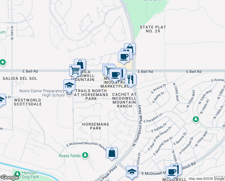 map of restaurants, bars, coffee shops, grocery stores, and more near 9915 East Bell Road in Scottsdale