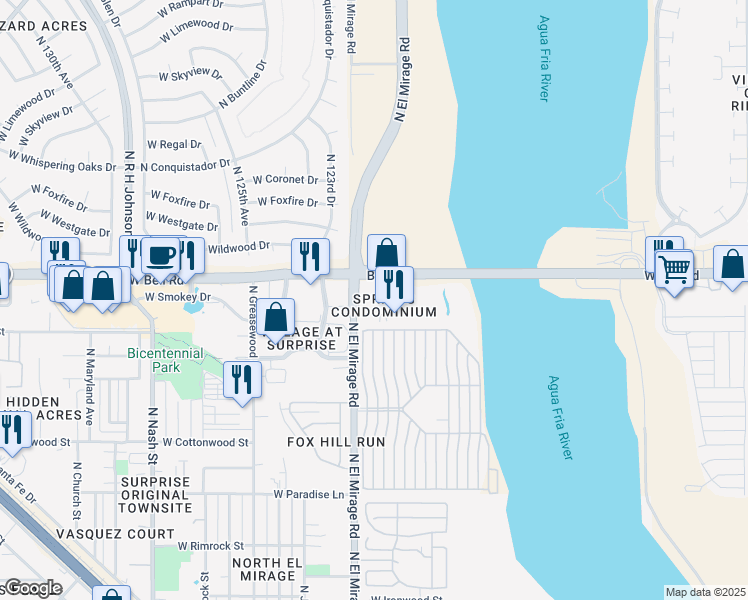 map of restaurants, bars, coffee shops, grocery stores, and more near 12221 West Bell Road in Surprise