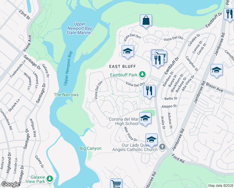 map of restaurants, bars, coffee shops, grocery stores, and more near 2104 Felipe in Newport Beach