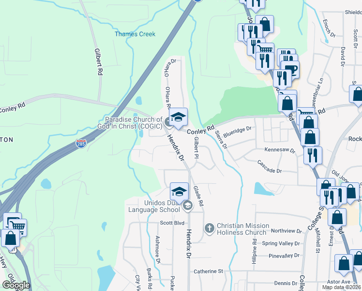 map of restaurants, bars, coffee shops, grocery stores, and more near 4277 Gilbert Place in Forest Park
