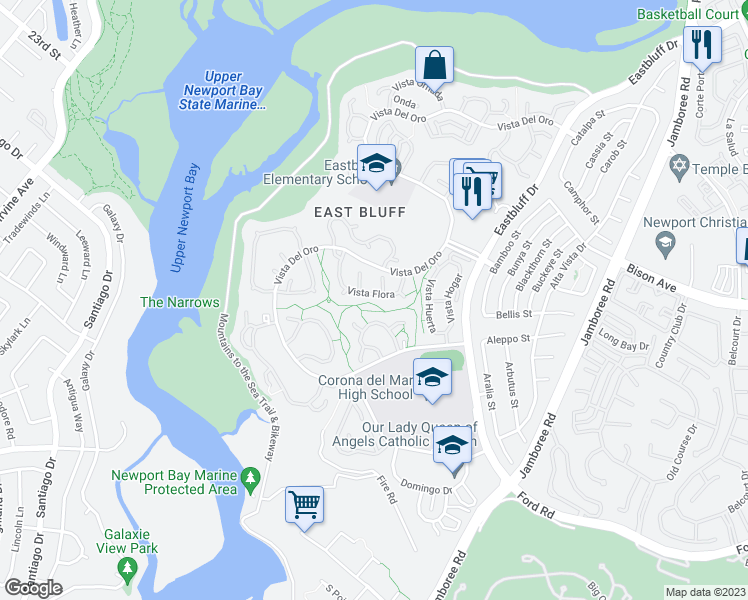 map of restaurants, bars, coffee shops, grocery stores, and more near 525 Vista Flora in Newport Beach