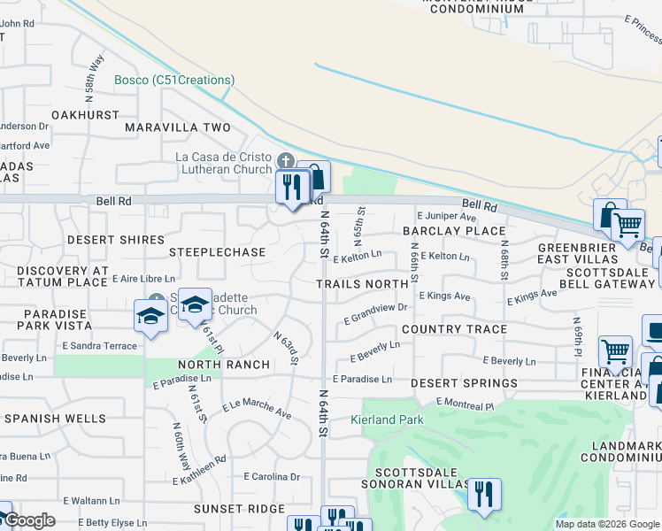 map of restaurants, bars, coffee shops, grocery stores, and more near 6418 East Aire Libre Lane in Scottsdale
