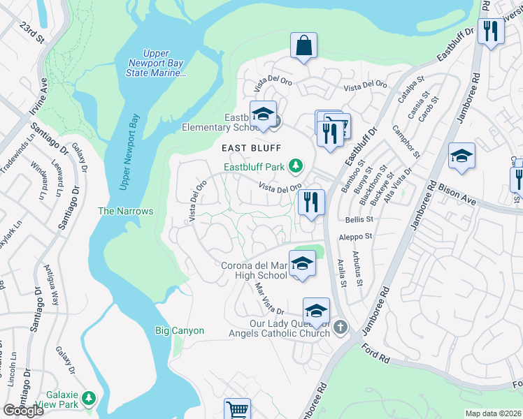 map of restaurants, bars, coffee shops, grocery stores, and more near 525 Vista Flora in Newport Beach