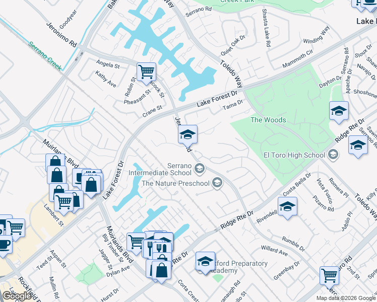 map of restaurants, bars, coffee shops, grocery stores, and more near 24642 Jeronimo Road in Lake Forest