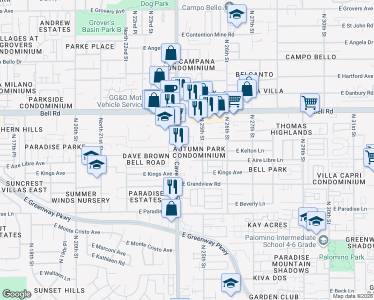map of restaurants, bars, coffee shops, grocery stores, and more near 16627 North Cave Creek Road in Phoenix