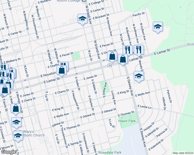 map of restaurants, bars, coffee shops, grocery stores, and more near 1302 East Jones Street in Sherman