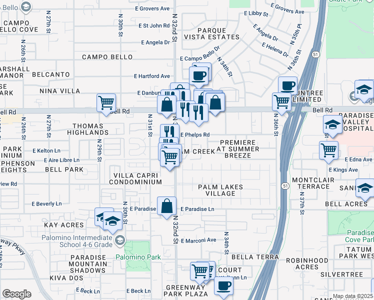 map of restaurants, bars, coffee shops, grocery stores, and more near 16635 North 32nd Place in Phoenix