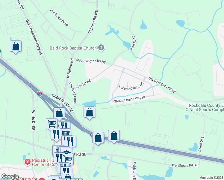 map of restaurants, bars, coffee shops, grocery stores, and more near 1421 Steam Engine Way Northeast in Conyers
