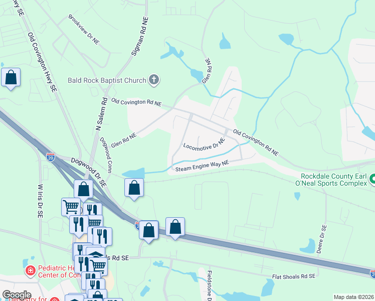 map of restaurants, bars, coffee shops, grocery stores, and more near 1525 Locomotive Drive Northeast in Conyers