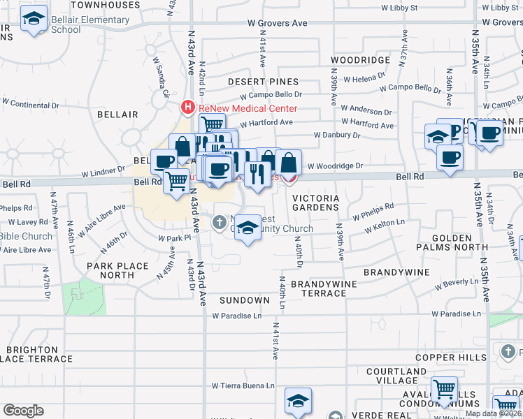 map of restaurants, bars, coffee shops, grocery stores, and more near 4045 West Bell Road in Phoenix