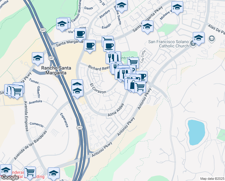 map of restaurants, bars, coffee shops, grocery stores, and more near 87 Calle De Felicidad in Rancho Santa Margarita