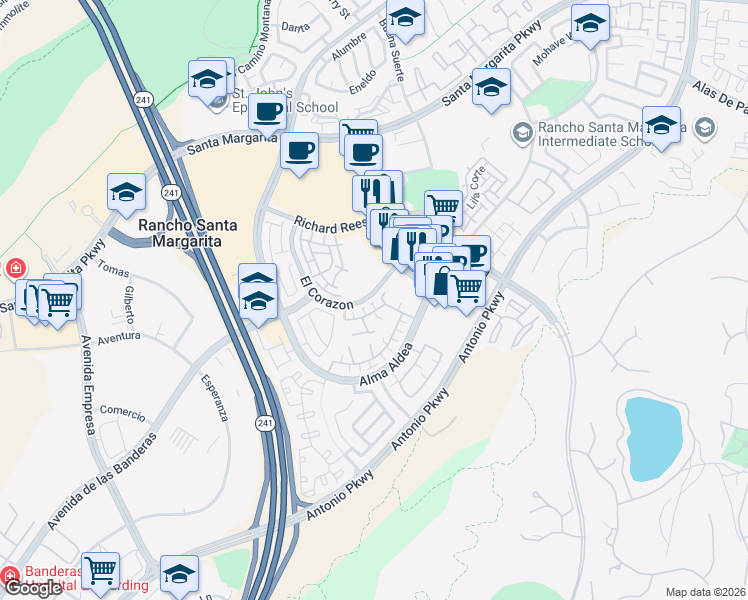 map of restaurants, bars, coffee shops, grocery stores, and more near 87 Calle De Felicidad in Rancho Santa Margarita