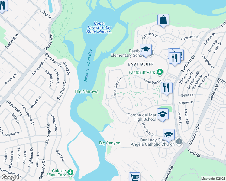 map of restaurants, bars, coffee shops, grocery stores, and more near 2103 Vista Entrada in Newport Beach
