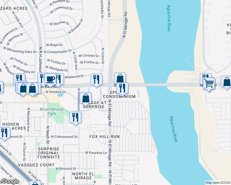 map of restaurants, bars, coffee shops, grocery stores, and more near 12221 West Bell Road in Surprise