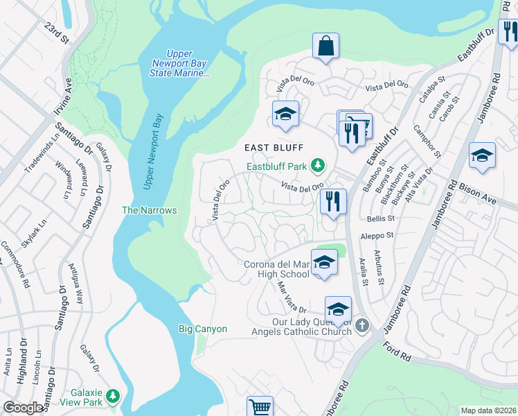 map of restaurants, bars, coffee shops, grocery stores, and more near 2104 Felipe in Newport Beach