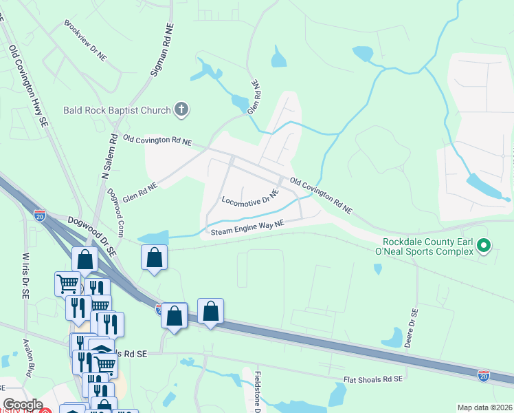 map of restaurants, bars, coffee shops, grocery stores, and more near 1515 Locomotive Drive Northeast in Conyers