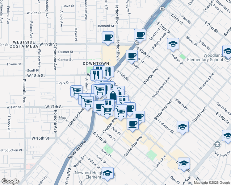 map of restaurants, bars, coffee shops, grocery stores, and more near 140 Cabrillo Street in Costa Mesa