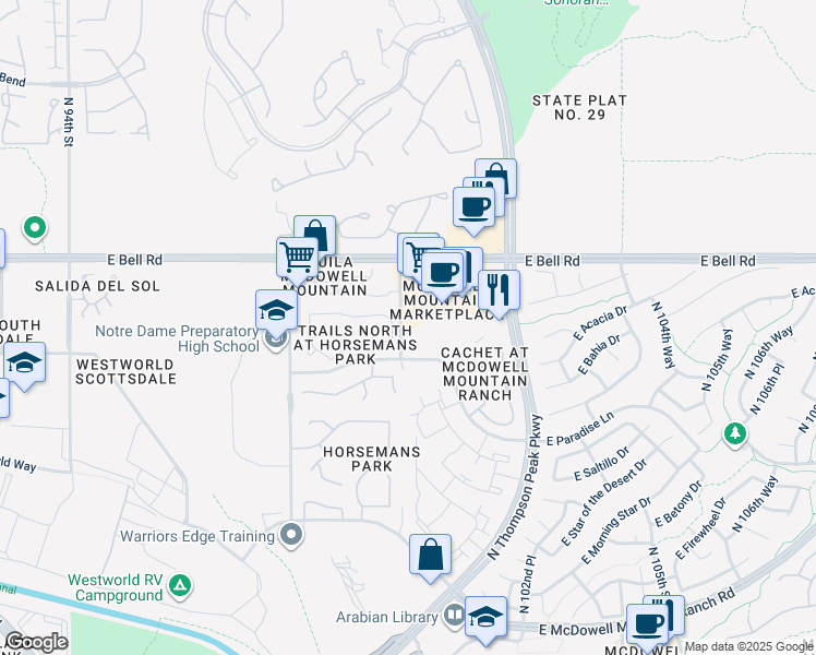 map of restaurants, bars, coffee shops, grocery stores, and more near 9976 East Jasmine Drive in Scottsdale