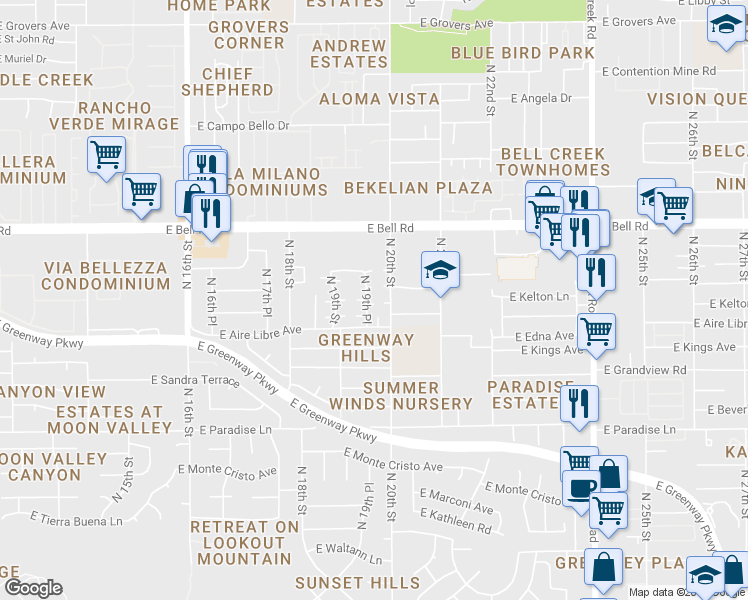 map of restaurants, bars, coffee shops, grocery stores, and more near 16618 North 20th Street in Phoenix