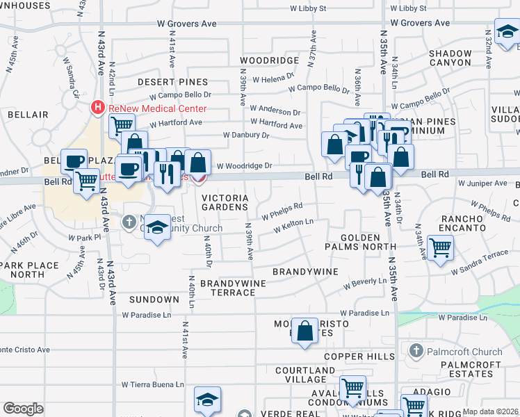 map of restaurants, bars, coffee shops, grocery stores, and more near 3820 West Phelps Road in Phoenix