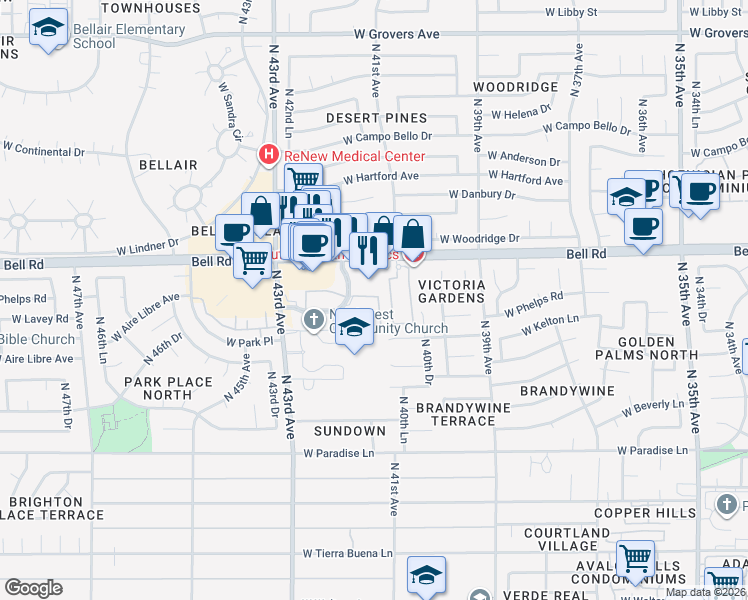 map of restaurants, bars, coffee shops, grocery stores, and more near 4045 West Bell Road in Phoenix