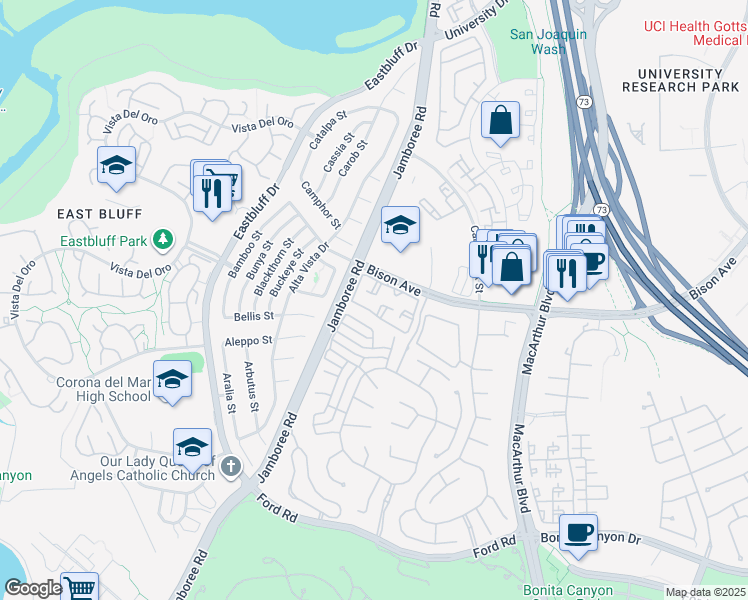 map of restaurants, bars, coffee shops, grocery stores, and more near 71 Bradbury in Newport Beach