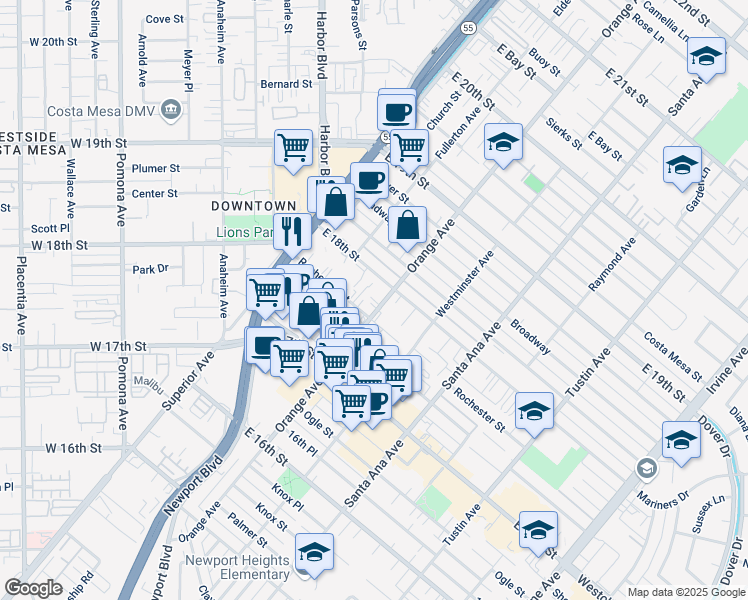 map of restaurants, bars, coffee shops, grocery stores, and more near 1770 Orange Avenue in Costa Mesa