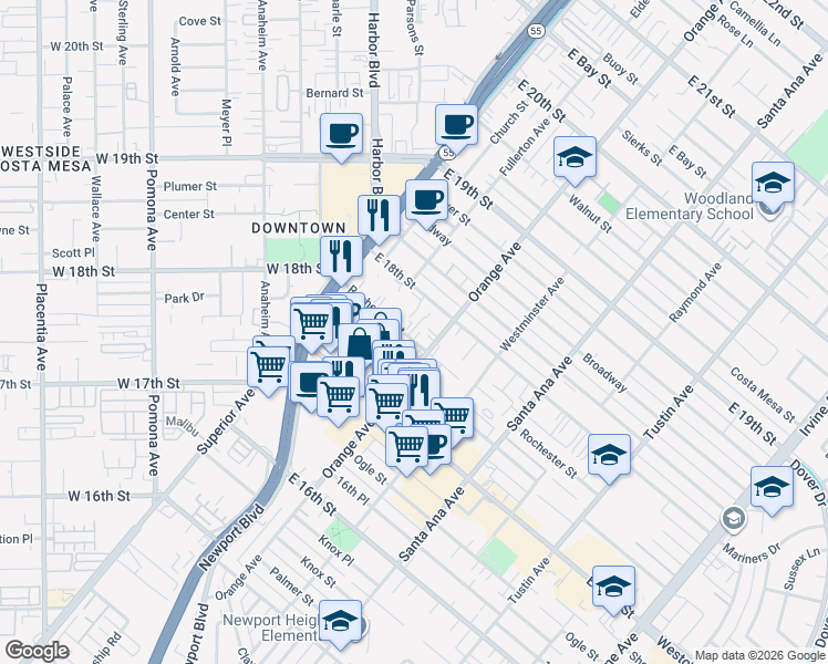 map of restaurants, bars, coffee shops, grocery stores, and more near 175 Rochester Street in Costa Mesa