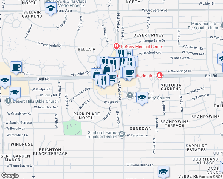 map of restaurants, bars, coffee shops, grocery stores, and more near 4315 West Bell Road in Glendale