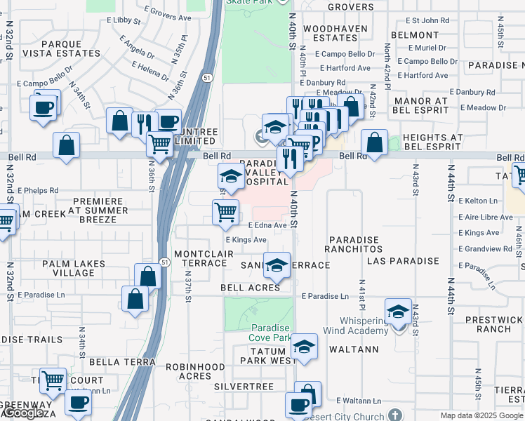 map of restaurants, bars, coffee shops, grocery stores, and more near 16620 North 40th Street in Phoenix