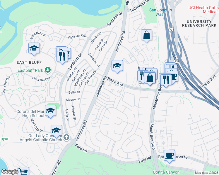map of restaurants, bars, coffee shops, grocery stores, and more near 71 Bradbury in Newport Beach