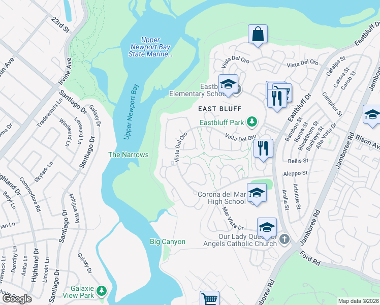 map of restaurants, bars, coffee shops, grocery stores, and more near 2128 Vista Dorado in Newport Beach