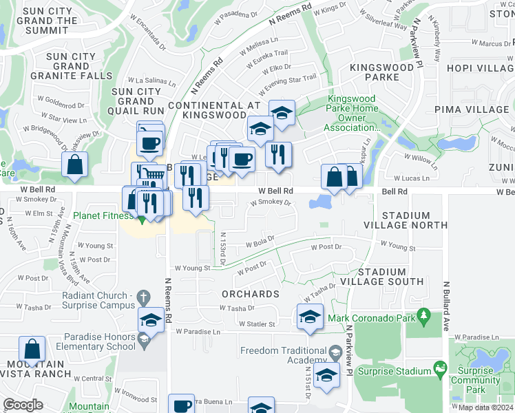 map of restaurants, bars, coffee shops, grocery stores, and more near 15249 West Smokey Drive in Surprise