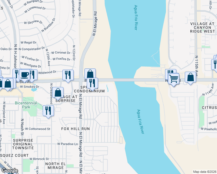 map of restaurants, bars, coffee shops, grocery stores, and more near 12123 West Bell Road in Surprise