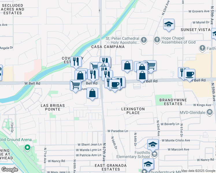 map of restaurants, bars, coffee shops, grocery stores, and more near 6661 West Bell Road in Glendale