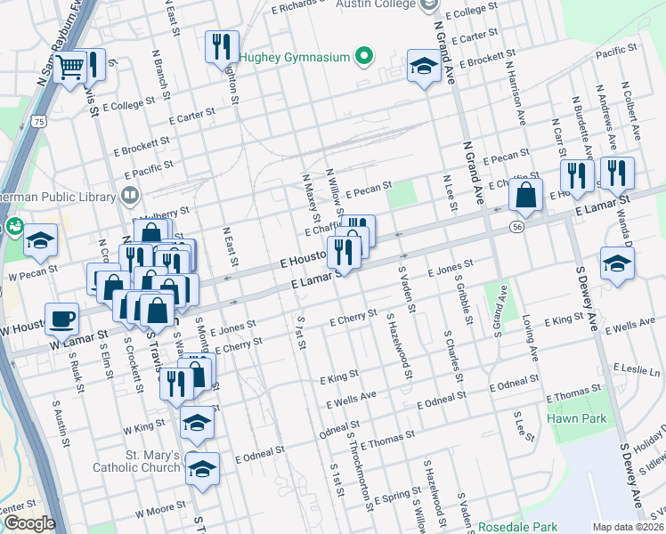 map of restaurants, bars, coffee shops, grocery stores, and more near 801 East Lamar Street in Sherman