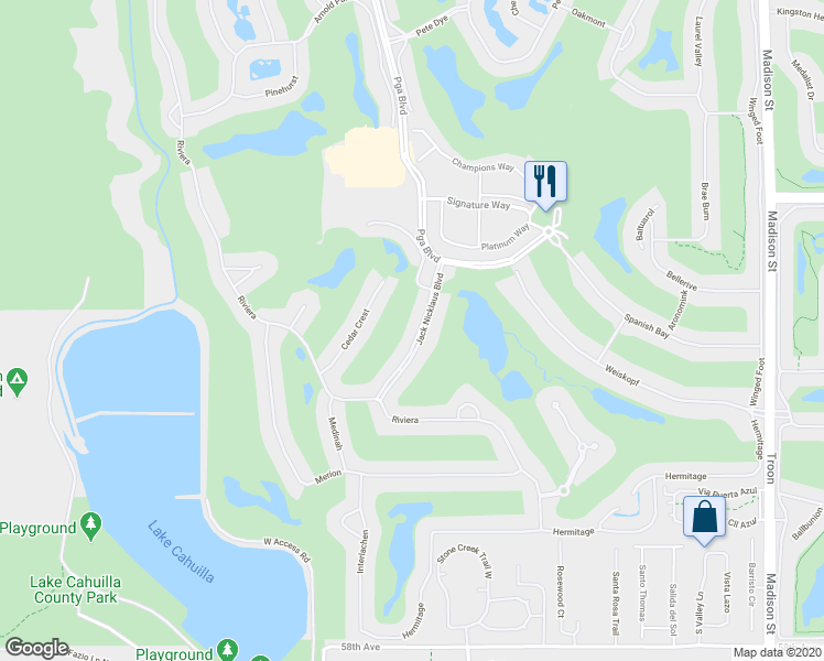 map of restaurants, bars, coffee shops, grocery stores, and more near 56495 Jack Nicklaus Boulevard in La Quinta