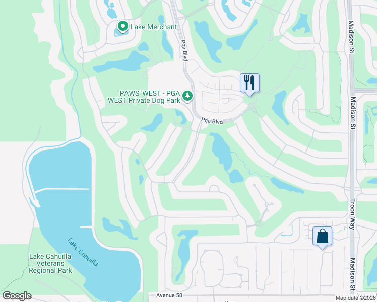 map of restaurants, bars, coffee shops, grocery stores, and more near 56595 Jack Nicklaus Boulevard in La Quinta