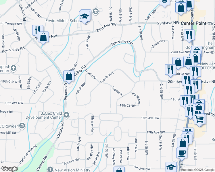 map of restaurants, bars, coffee shops, grocery stores, and more near 507 Tupelo Road in Center Point