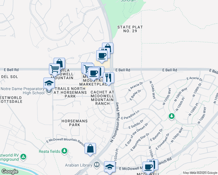map of restaurants, bars, coffee shops, grocery stores, and more near 16700 North Thompson Peak Parkway in Scottsdale