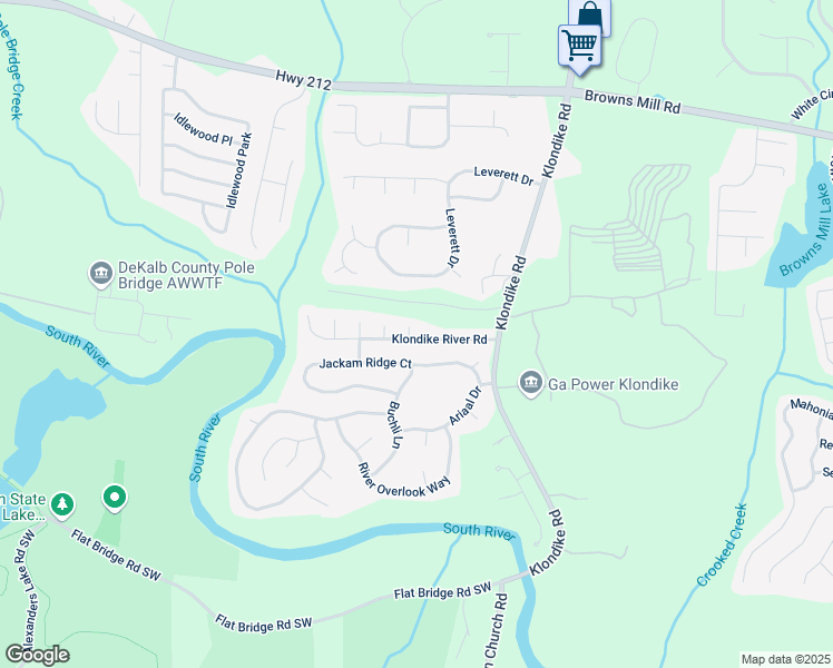 map of restaurants, bars, coffee shops, grocery stores, and more near 6331 Klondike River Road in Stonecrest