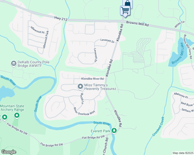 map of restaurants, bars, coffee shops, grocery stores, and more near 6354 Klondike River Road in Lithonia