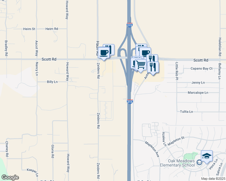 map of restaurants, bars, coffee shops, grocery stores, and more near Bailey Park Boulevard in Menifee