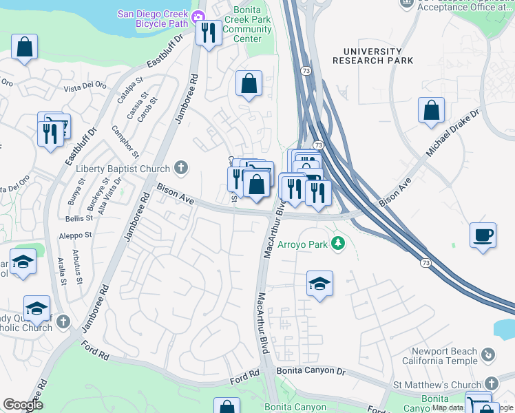 map of restaurants, bars, coffee shops, grocery stores, and more near 1260 Bison Avenue in Newport Beach
