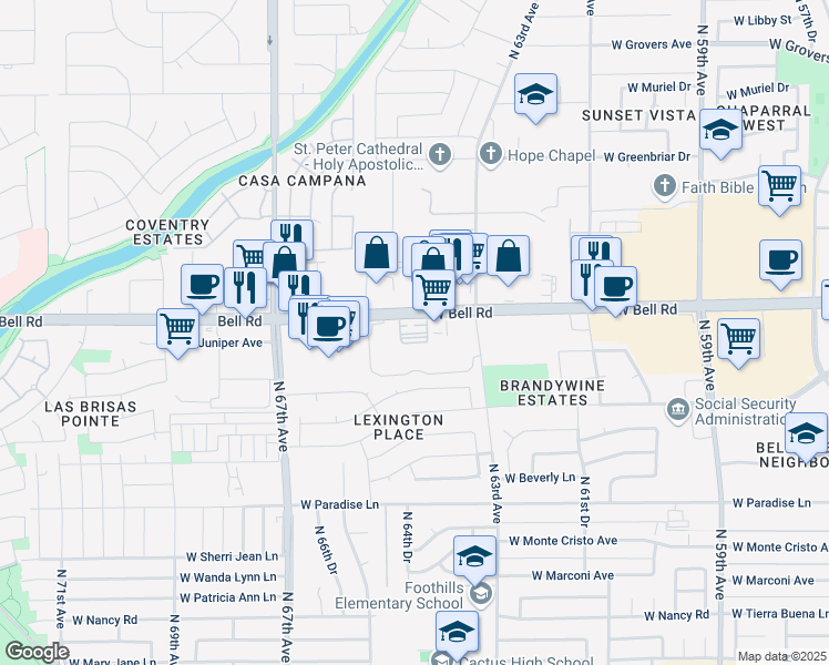 map of restaurants, bars, coffee shops, grocery stores, and more near 6443 West Bell Road in Glendale