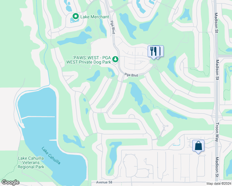 map of restaurants, bars, coffee shops, grocery stores, and more near 56495 Jack Nicklaus Boulevard in La Quinta