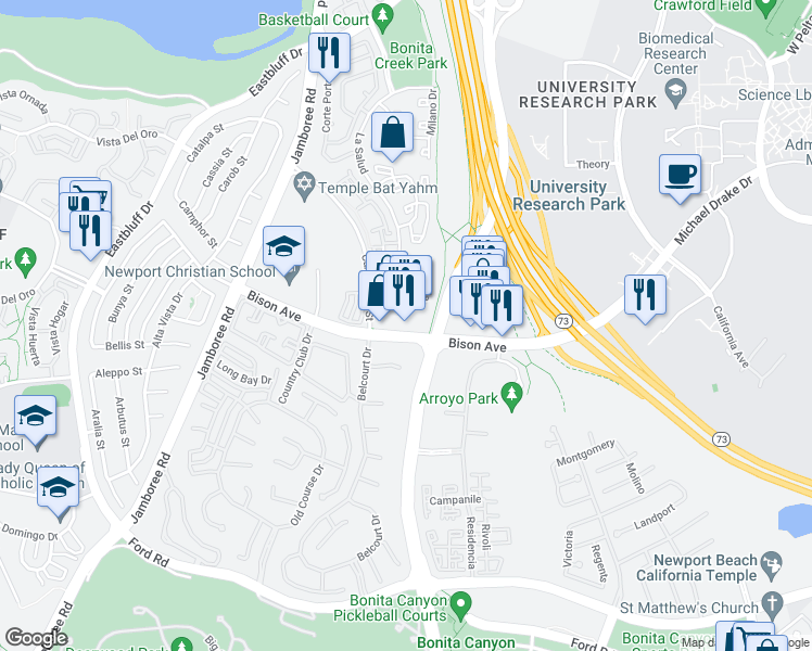 map of restaurants, bars, coffee shops, grocery stores, and more near 1260 Bison Avenue in Newport Beach