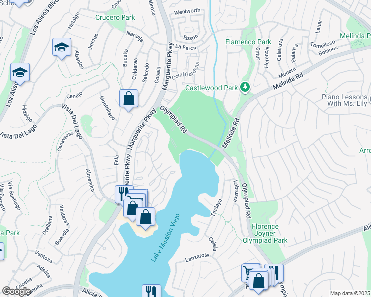map of restaurants, bars, coffee shops, grocery stores, and more near 22555 Olympiad Road in Mission Viejo